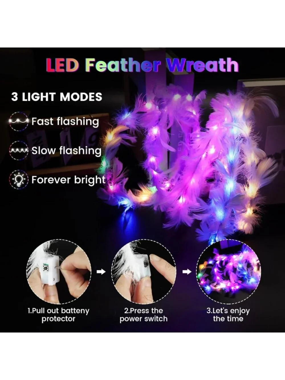 50 LED Light Up Feather Flower Crowns for Women - Glow in the Dark Party